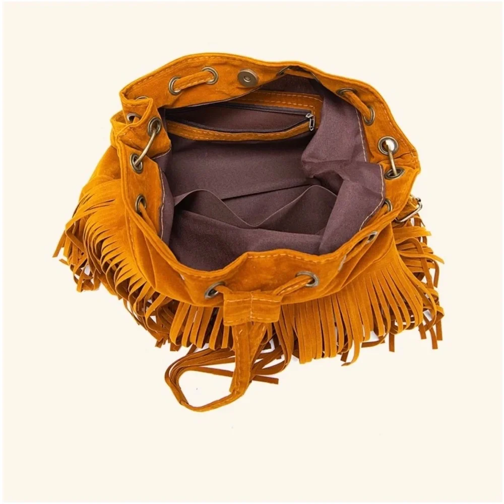Bohemian Fringe Drawstring Crossbody Tote Bag - Picture 3 of 9